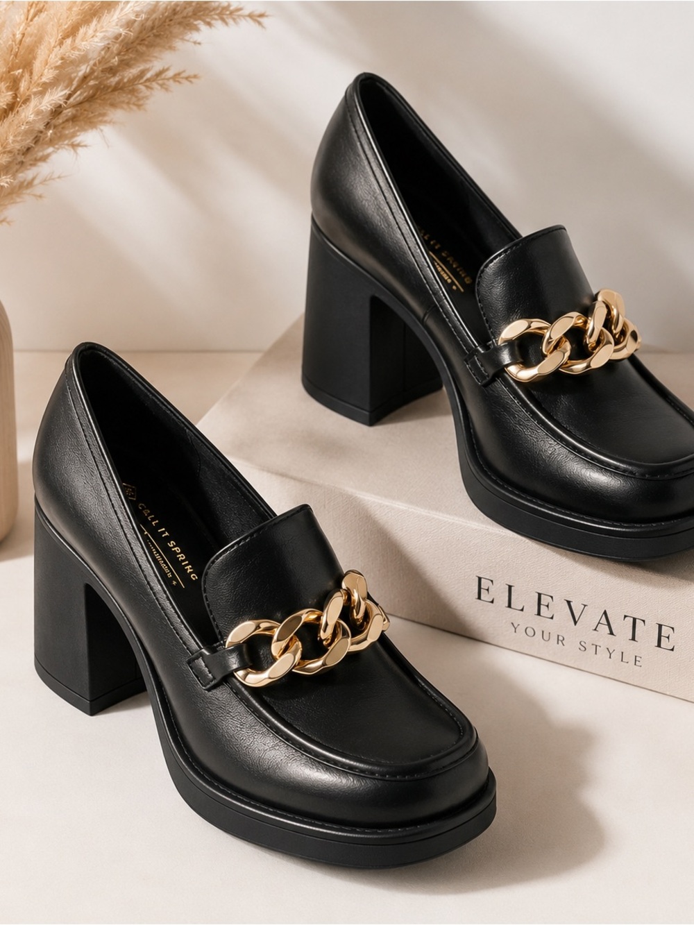 Call It Spring Black Chunky Heel Loafer with Gold Chain